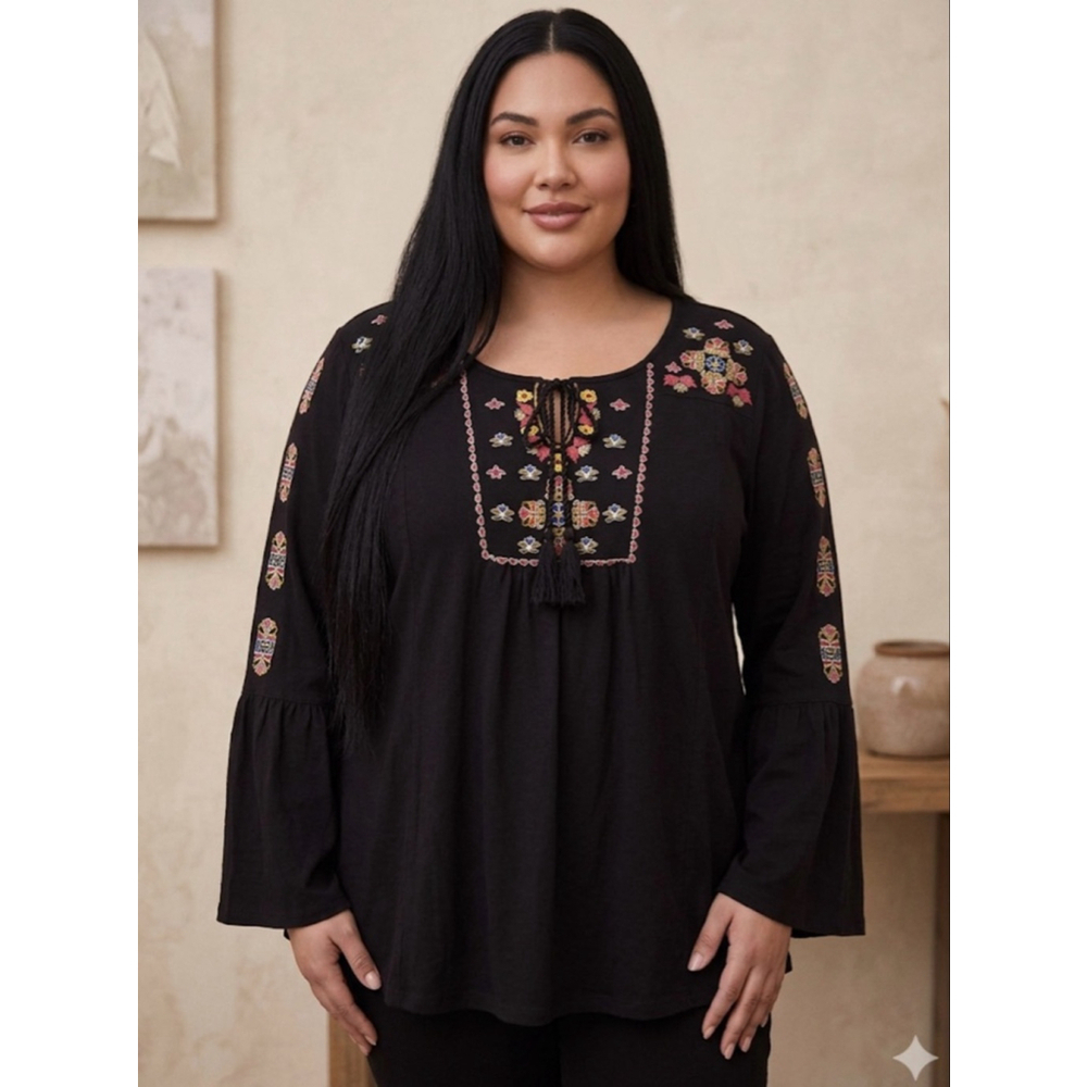 Simply Emma Black Multicolor Embroidered Tunic Top 2X